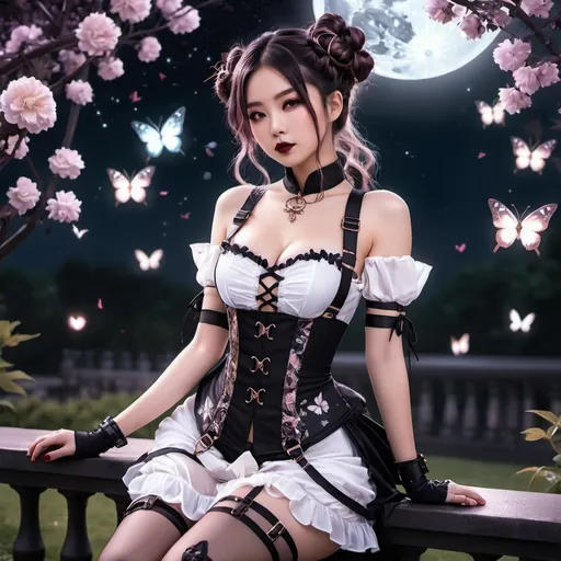 Prompt: anime, open wavy hair, braids, buns, steampunk asian woman in a white floral dress, black body harness, wearing fishnet stockings, dark aesthetic, tinted rosy lips, dark moonlit park, glowing butterflies