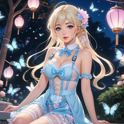 Prompt: anime, open wavy hair, light blonde hair, icy eyes, braids, asian woman in a babyblue floral dress, white body harness, wearing white fishnet stockings, cute aesthetic, pink eyeliner, tinted rosy lips, moonlit park, glowing butterflies, lanterns