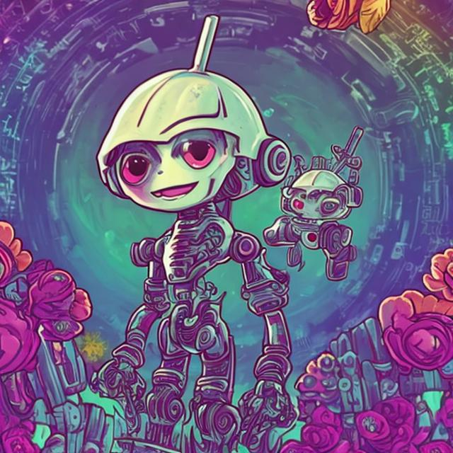 Prompt:    cyperbunk style happy robothead with flowers as hair and in the backround is a rainbow