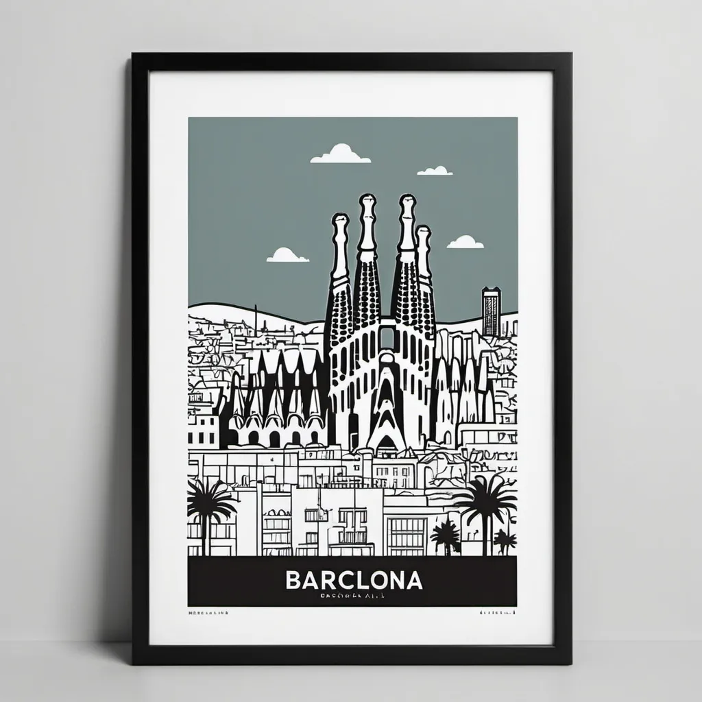 Prompt: Create a minimalistic poster of Barcelona featuring iconic landmarks such as Sagrada Familia, Park Güell, and La Rambla. Use a simple, clean design with limited colors (preferably 2-3). The style should be modern with clean lines and a solid white or transparent background. Do not include any frames or additional backgrounds. Include the text 'Barcelona' in a modern, minimalist font.