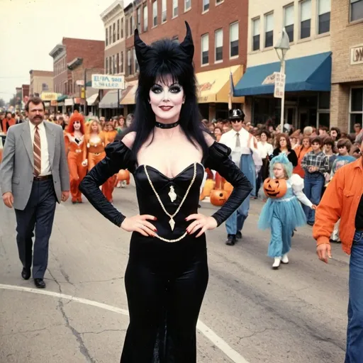 Prompt: A vintage 1980s photograph of Elvira leadng a Halloween parade in downtown Manhattan Kansas .