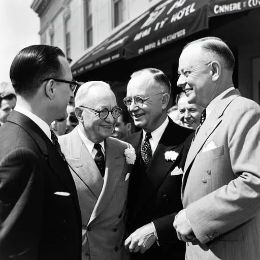 Prompt: A vintage 1940s photograph close up of Harry Truman, Dwight Eisenhower and others conversating casually outside the Majestic Hotel