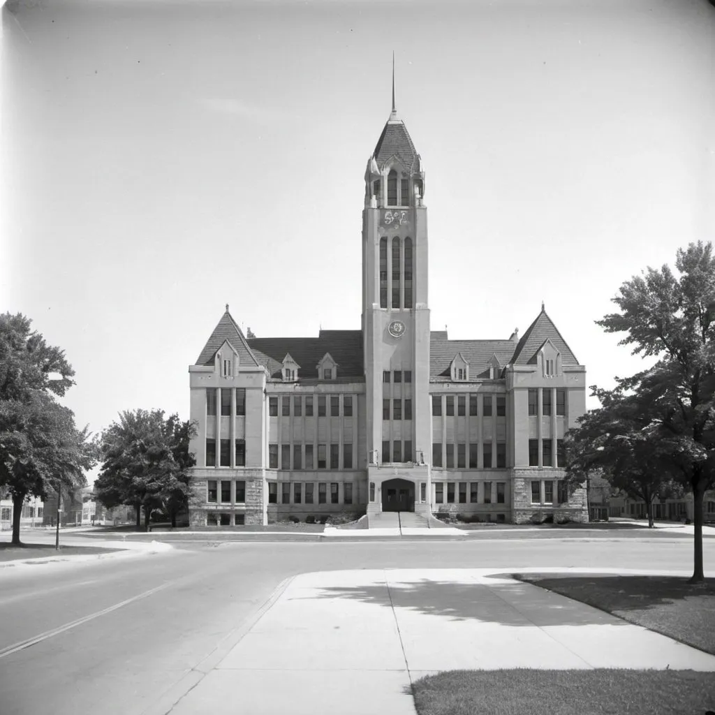 Prompt: A vintage 1940s photograph of the Kansas State University in downtown Manhattan Kansas 