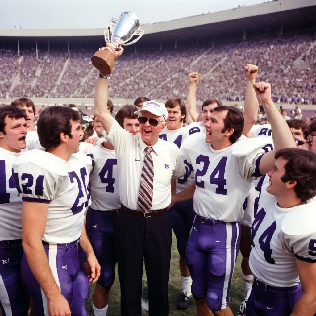 Prompt: A vintage 1980s photograph of KSU Wildcats Coach Bill Snyder and team winning championship in Manhattan Kansas .