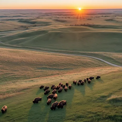 Prompt: A low altitude arial view 4K photograph of the Flint Hills with bison grazing at sunrise 