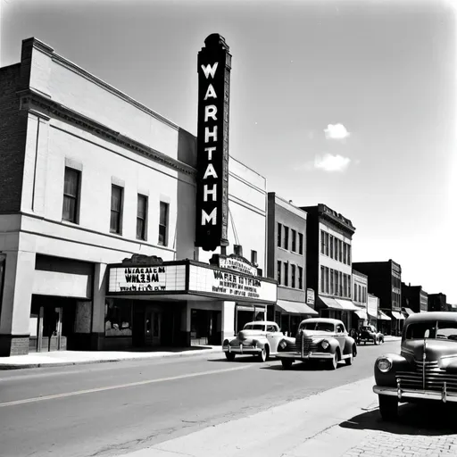 Prompt: A vintage 1940s photograph of downtown Manhattan Kansas Wareham Theatre