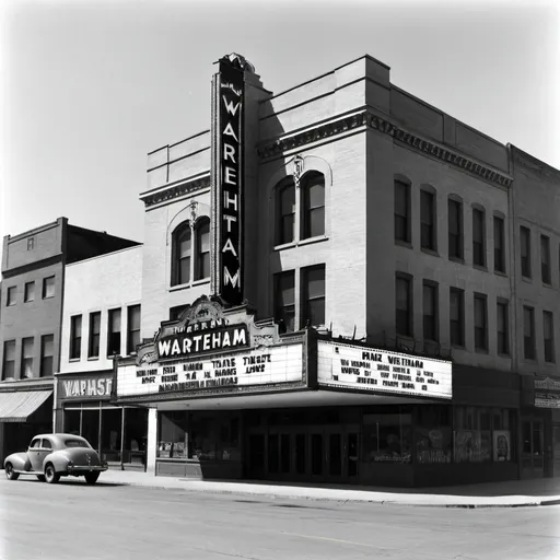 Prompt: A vintage 1940s photograph of downtown Manhattan Kansas Wareham Theatre.
