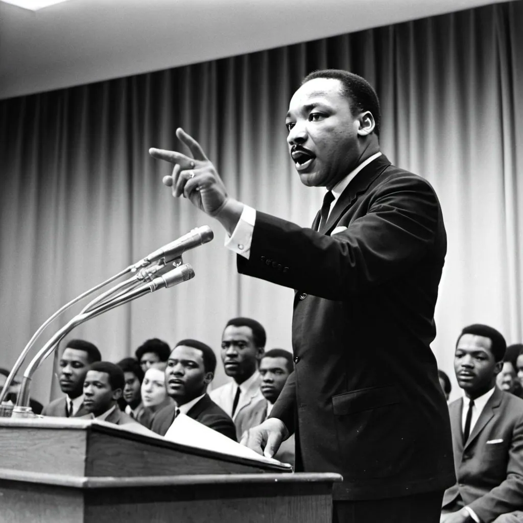Prompt: A vintage 1960s photograph of Dr. Martin Luther King living a speech to students at Kansas State University in Manhattan Kansas 