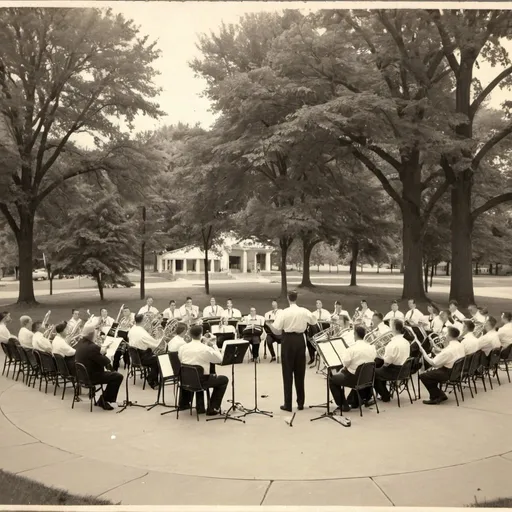 Prompt: A vintage 1950s photograph of the Manhattan Municipal Band playing in the park under the Larry Northville Bandshell in downtown Manhattan Kansas .
