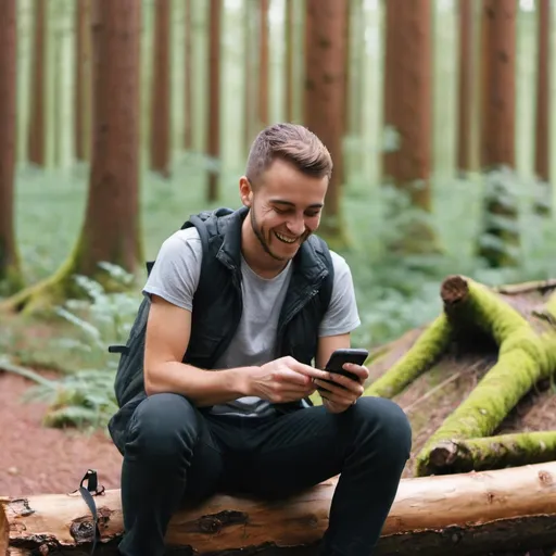 Prompt: A guy with a mobile phone in a forest seating on a log and smiling at the mobile screen