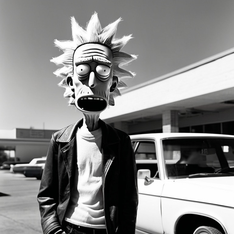 Prompt: (accurately spelled text "Rick Sanchez"), black and white, (1980s inspired), outdoor setting, parking lot atmosphere, vintage feel, soft contrasts, relaxed expressions, haze of smoke in the air, nostalgic ambiance, capturing the essence rebellion, cinematic lighting, high contrast textures, ultra-detailed.