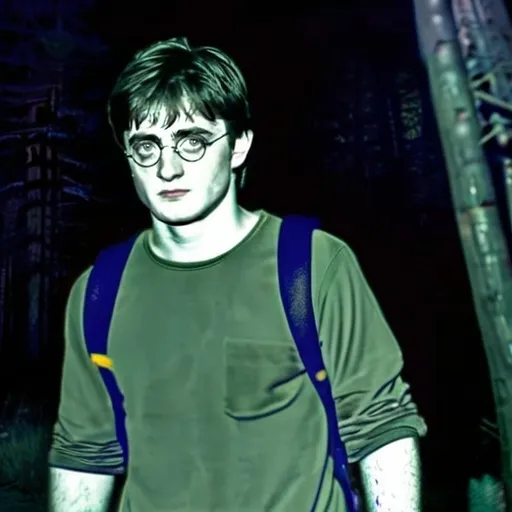 Prompt: Harry Potter Caught with a gun in his hand at night, shot with a night vision trail cam.