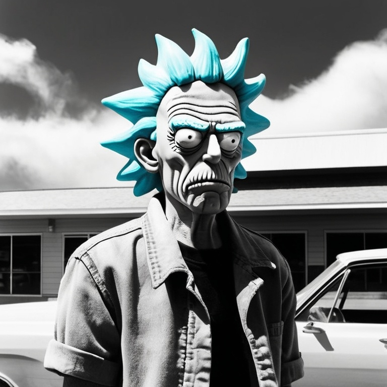 Prompt: (accurately spelled text "Rick Sanchez"), black and white, (1980s inspired), outdoor setting, parking lot atmosphere, vintage feel, soft contrasts, relaxed expressions, haze of smoke in the air, nostalgic ambiance, capturing the essence rebellion, cinematic lighting, high contrast textures, ultra-detailed.