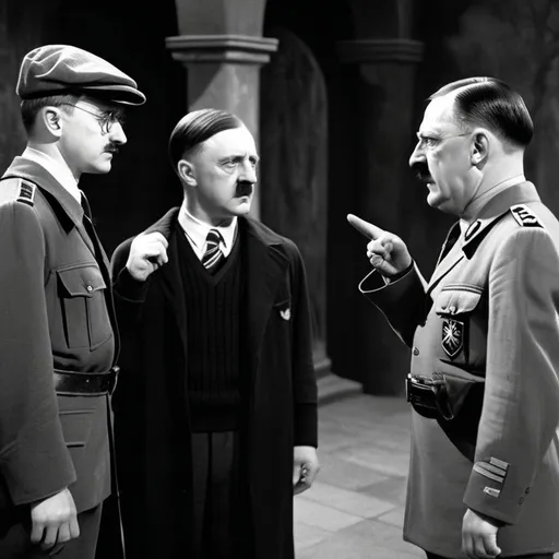 Prompt: (Black and white), Harry Potter interacting with Adolf Hitler, 1941 historical setting, intense expressions, contrasting shadows, captivating tension, wartime atmosphere, detailed costumes reflecting the era, political discourse, dramatic lighting enhancing features, greyscale tones creating depth, bitter cultural critique, ultra-detailed cinematic quality.