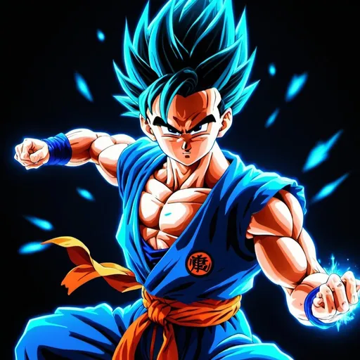 Prompt: a wallpaper 1920x1080 with the best resolution possible of a neon image of gohan from dragon ball, mostly on the right side, preparing himself to cast a kamehameha all in blue shades