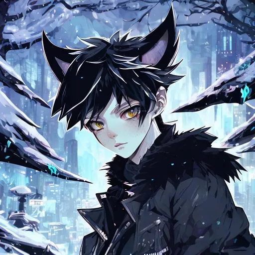 Prompt: High-res anime illustration of a masculine boy with cat ears, with sharp cat ears, black and white color palette, magical forest in the background, confident and charismatic expression, futuristic urban setting, best quality, ultra-detailed, anime, vibrant color palette, fur on ears, confident expression, masculine, atmospheric lighting, cat eyes blended with human eyes, blue eye, smal cat ears, menacing eyes, discord profile picture