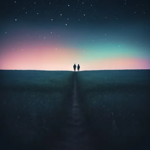 Prompt: dark sky, night, pastel tone, field, silent, sleep, illusion, universe, blur, big sky, starry, two small silhouette,psychedelic color