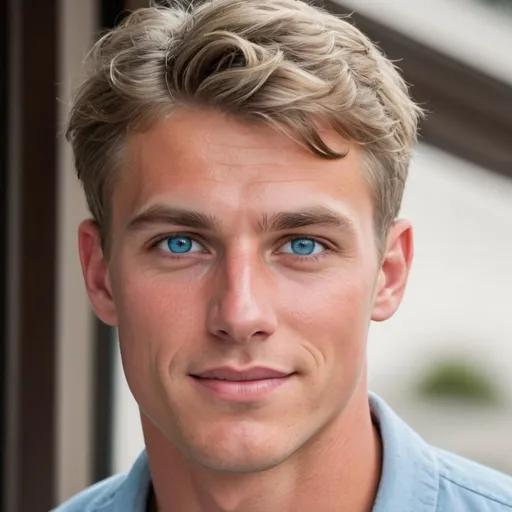 Prompt: handsome white man tanned blue eyes dimple in left cheek height 6'4 boyish charm