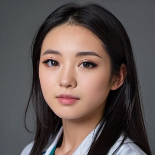 Prompt: young girl, stunning, Japanese, real, high definition, professional portrait, high quality, striking features, doctor, light grey eyes, long black hair, doctor, fat
