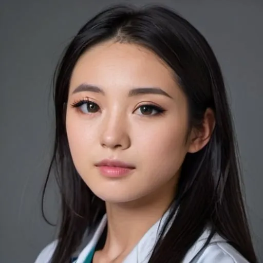 Prompt: young girl, stunning, Japanese, real, high definition, professional portrait, high quality, striking features, doctor, light grey eyes, long black hair, doctor, fat
