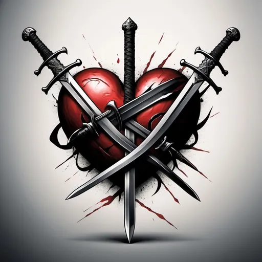 Prompt: (heart being stabbed by 2 crossing swords), "22" above the heart, "88" below the heart, monochromatic, dramatic contrasts, minimalistic, sharp lines, bold graphic elements, somber mood, clean background, high definition, ultra-detailed, artistic illustration, modern tattoo design, emphasis on heart and swords, dark tones, high depth, cinematic lighting, sleek and edgy, impactful visual design, masterful composition