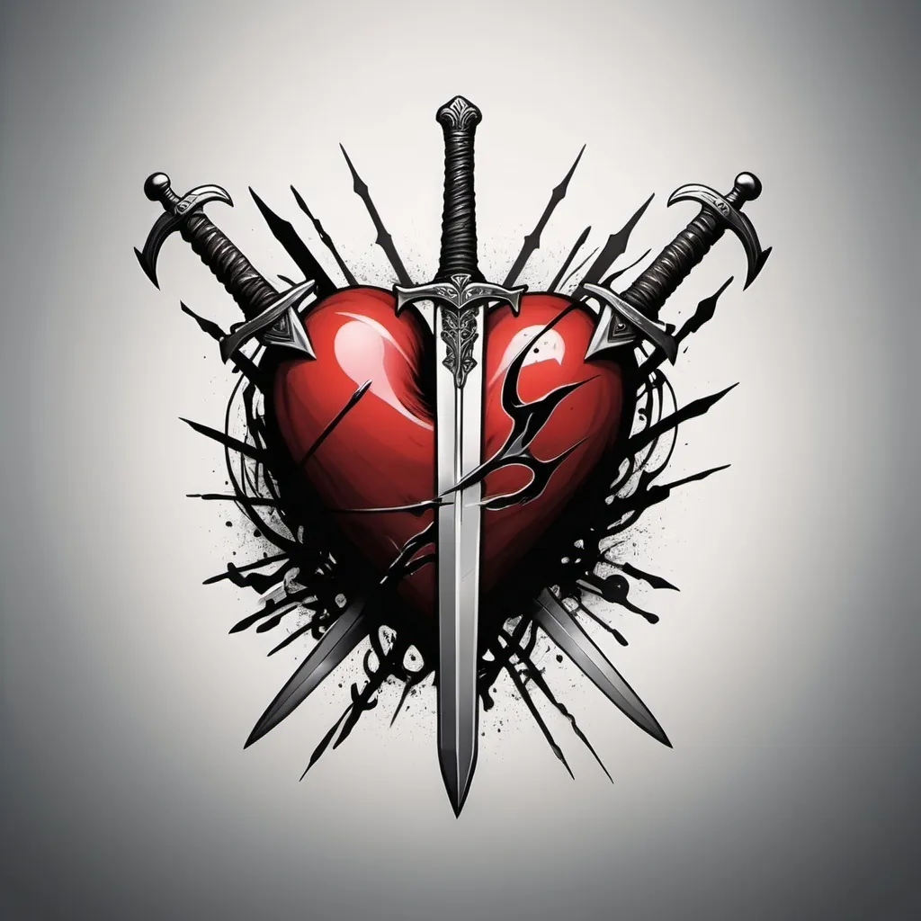 Prompt: (heart being stabbed by 2 crossing swords), "22" above the heart, "88" below the heart, monochromatic, dramatic contrasts, minimalistic, sharp lines, bold graphic elements, somber mood, clean background, high definition, ultra-detailed, artistic illustration, modern tattoo design, emphasis on heart and swords, dark tones, high depth, cinematic lighting, sleek and edgy, impactful visual design, masterful composition