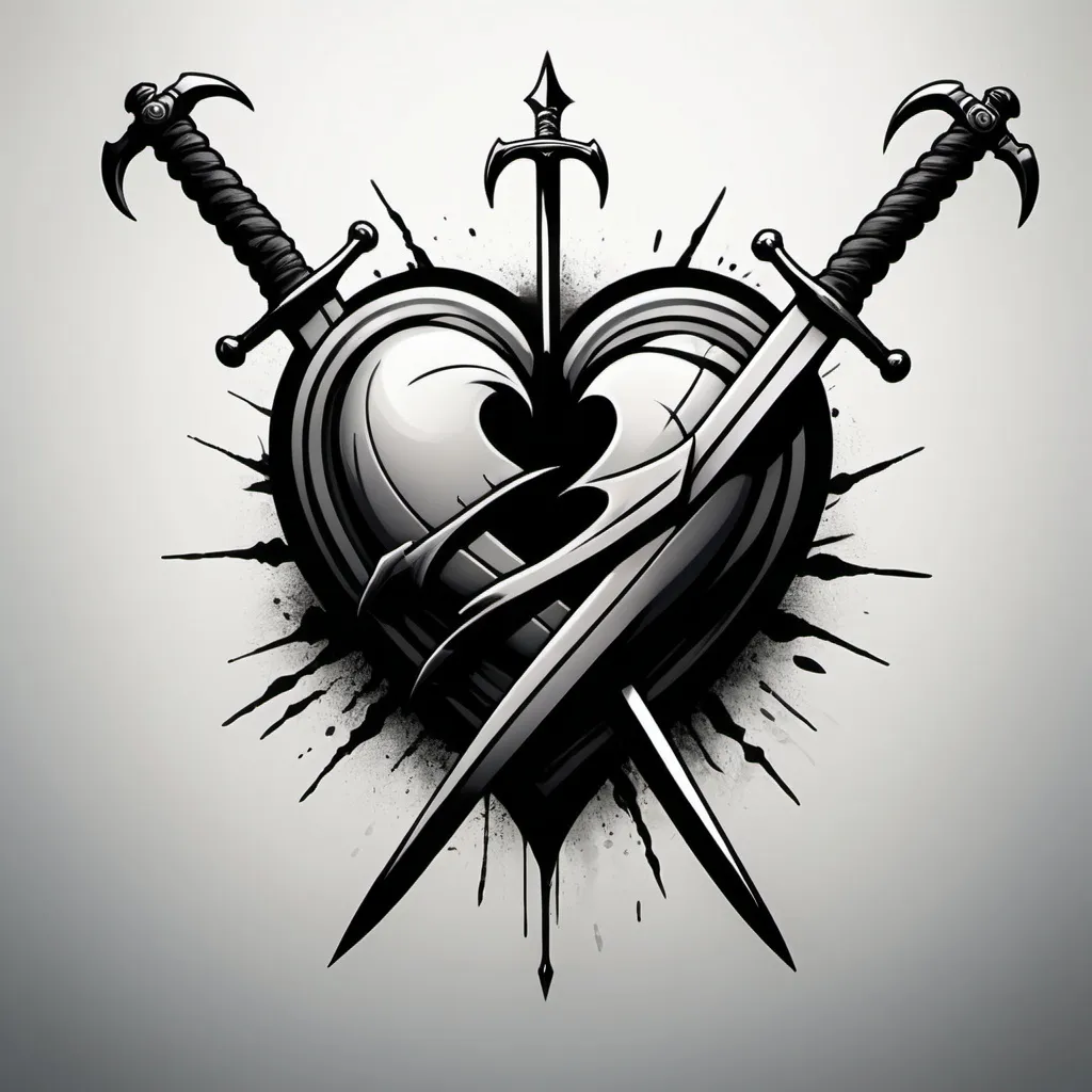 Prompt: (heart being stabbed by 2 crossing swords), "22" above the heart, "88" below the heart, monochromatic, dramatic contrasts, minimalistic, sharp lines, bold graphic elements, somber mood, clean background, high definition, ultra-detailed, artistic illustration, modern tattoo design, emphasis on heart and swords, dark tones, high depth, cinematic lighting, sleek and edgy, impactful visual design, masterful composition