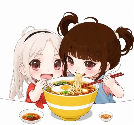 Prompt: Please make the picture 2 girl sharing in 1 ramen