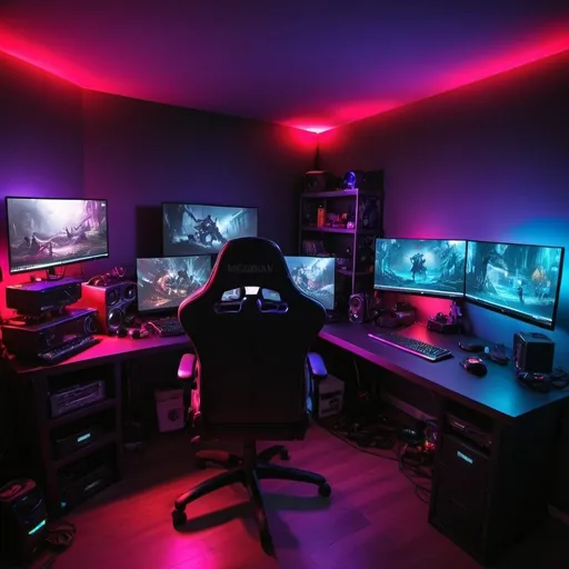 Prompt: Create a dark gamer streamer room and chaos and big table around me. Need camera and microphone. No light just RGB leds

 