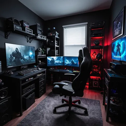 Prompt: Create a dark gamer streamer room and chaos
 