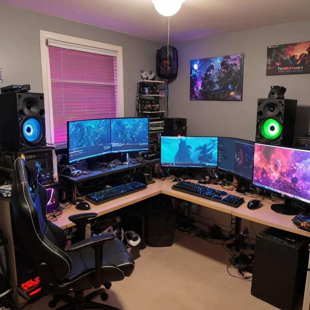 Prompt: My chaotic gamer room, with camera, microphone and monitors, rgb keyboard and mouse. 