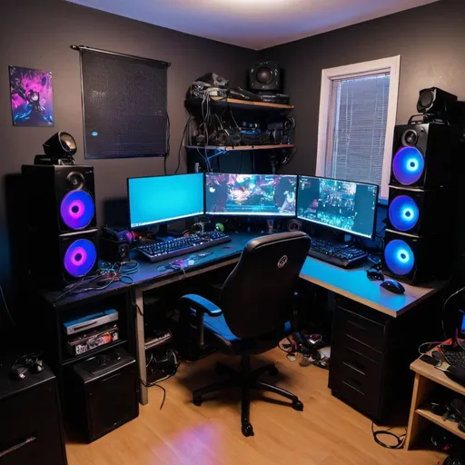 Prompt: My dark and chaotic gamer room, with camera, microphone and monitors, rgb keyboard and mouse. 