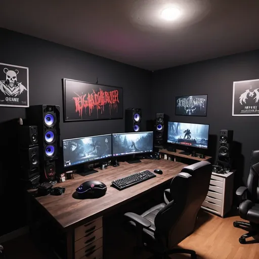 Prompt: Create a dark gamer streamer room and chaos and big table around me

 