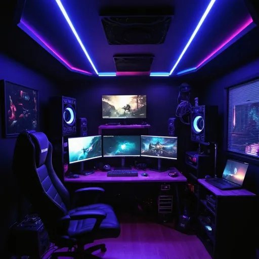 Prompt: my chaotic and dark gamer room, which resembles a spaceship cabin. Monitors, microphone and camera. stream. there is only RGB led lighting.
