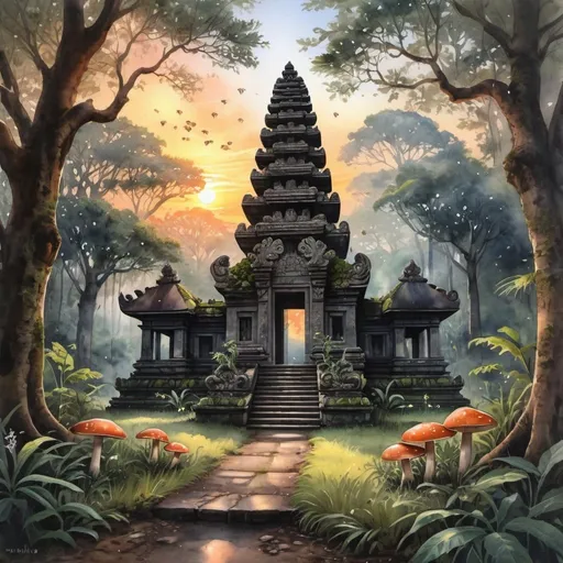Prompt: Bali temple, Majestic, hyper realistic, watercolor,oak forest, sunset, last sunlight rays are seen through branches of the oaks, glooming fireflies, flowers, mushrooms, flora, 64k 