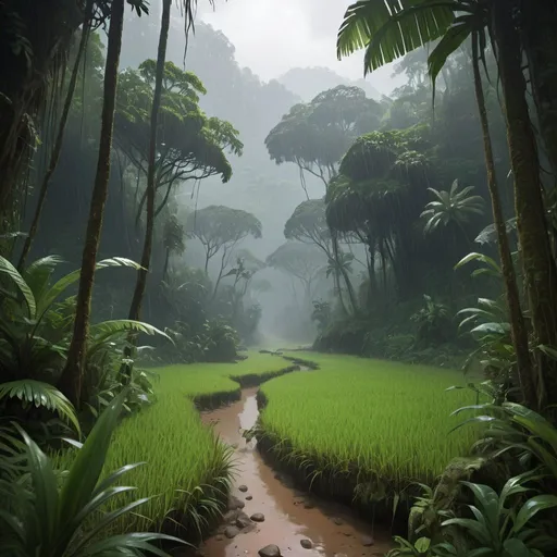 Prompt: Rice teras  in a jungle valley, Uncharted, rain forest, foggy, cinematic lighting, highly detailed, digital painting, art station smooth, sharp focus, art style Adventure Magazine