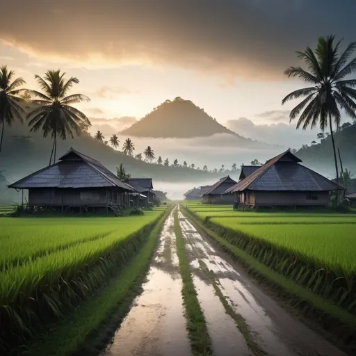 Prompt: small settlement,foggy, sunrise, two mount on distance, Indonesia rice field, empty road in the middle with rain forest behind left and right
, dramatic fantasy settlement scene, cinematic lighting