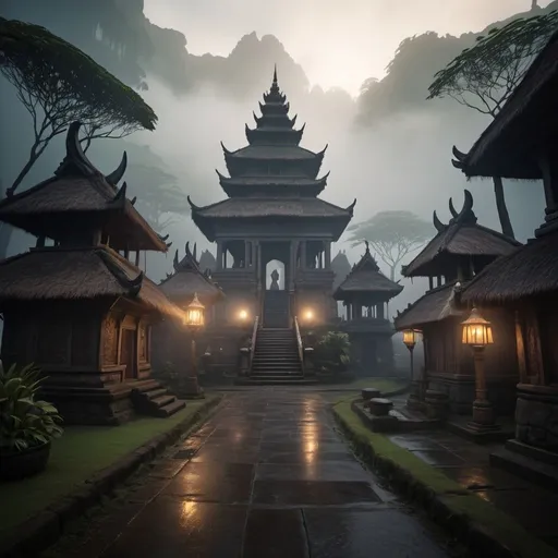 Prompt: small settlement, foggy,balinese temple, Hogwarts,dramatic fantasy settlement scene, cinematic lighting