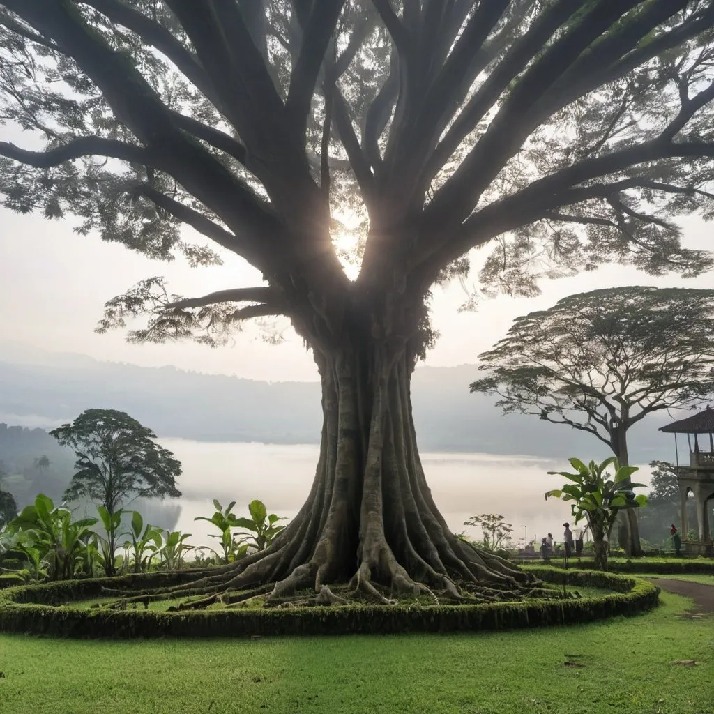 Prompt: A botanical garden bedugul, wide angle, big banyan tree, lake beratan the distance, foggy, sunrice