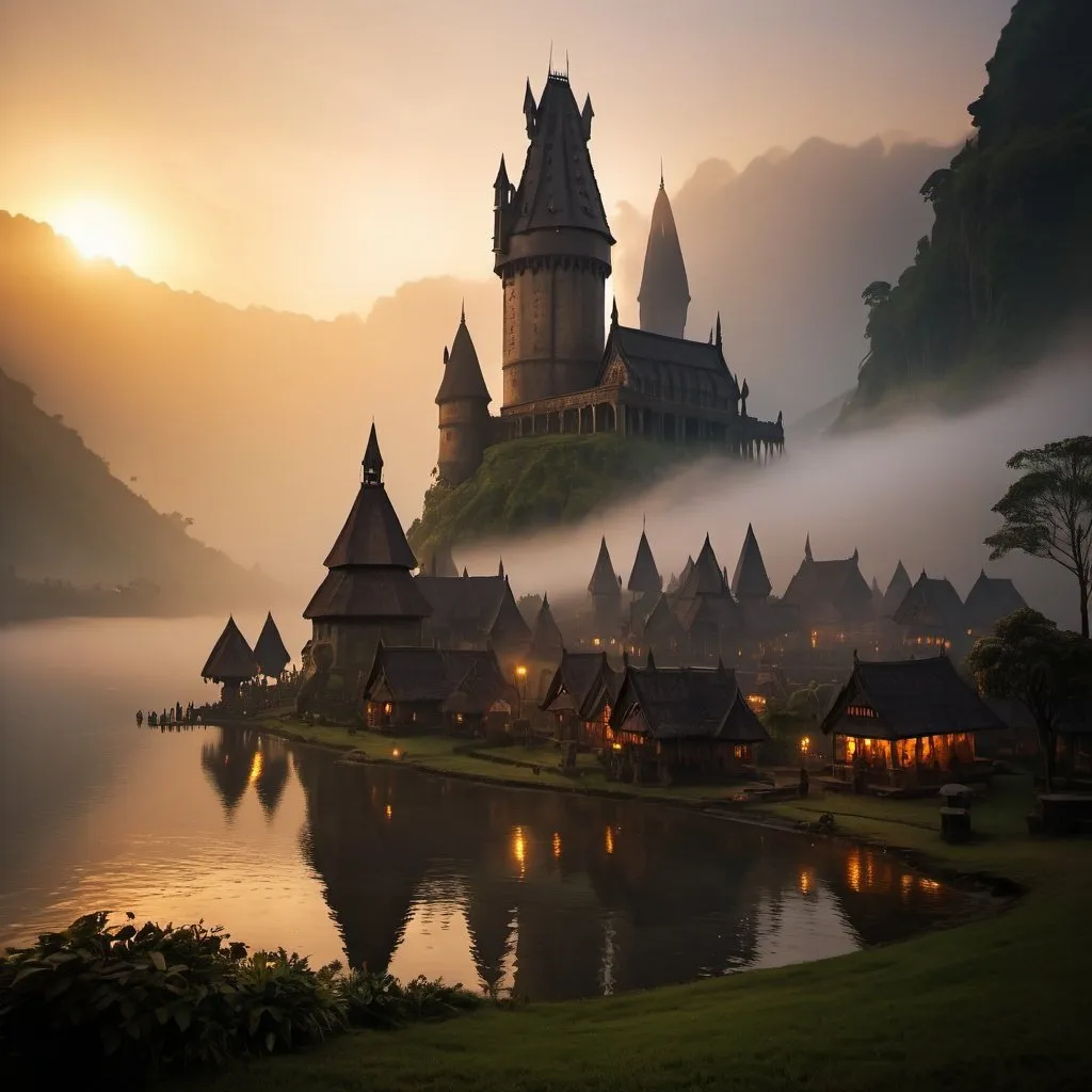 Prompt: small settlement, foggy, Hogwarts,ulun danu temple,sunset, dramatic fantasy settlement scene, cinematic lighting