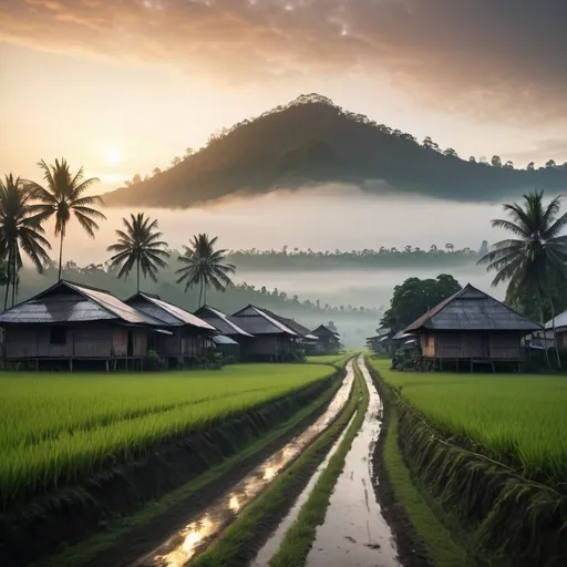 Prompt: small settlement,foggy, sunrise, two mount on distance, Indonesia rice field, empty road in the middle with rain forest behind left and right
, dramatic fantasy settlement scene, cinematic lighting