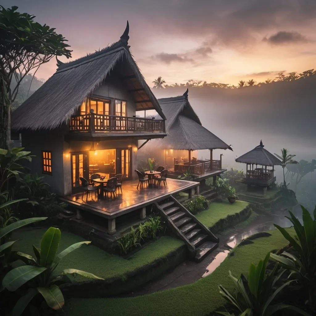Prompt: small settlement, foggy, Bali house, sunrise, backyard, drink coffee, house terrace, dramatic fantasy settlement scene, cinematic lighting