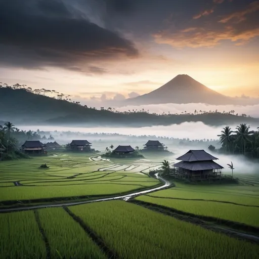 Prompt: small settlement,foggy, sunrise, two mount on distance, Indonesia rice field, empty road in the middle with rain forest behind left and right
, dramatic fantasy settlement scene, cinematic lighting