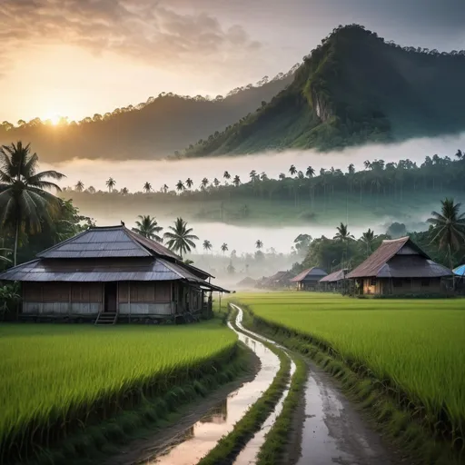Prompt: small settlement,foggy, sunrise, two mount on distance, Indonesia rice field, empty road in the middle with rain forest behind left and right
, dramatic fantasy settlement scene, cinematic lighting