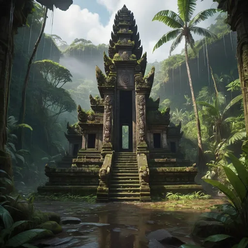 Prompt: Bali temple in a jungle valley, Uncharted, rain forest, cinematic lighting, highly detailed, digital painting, artstation smooth, sharp focus, art style Adventure Magazine