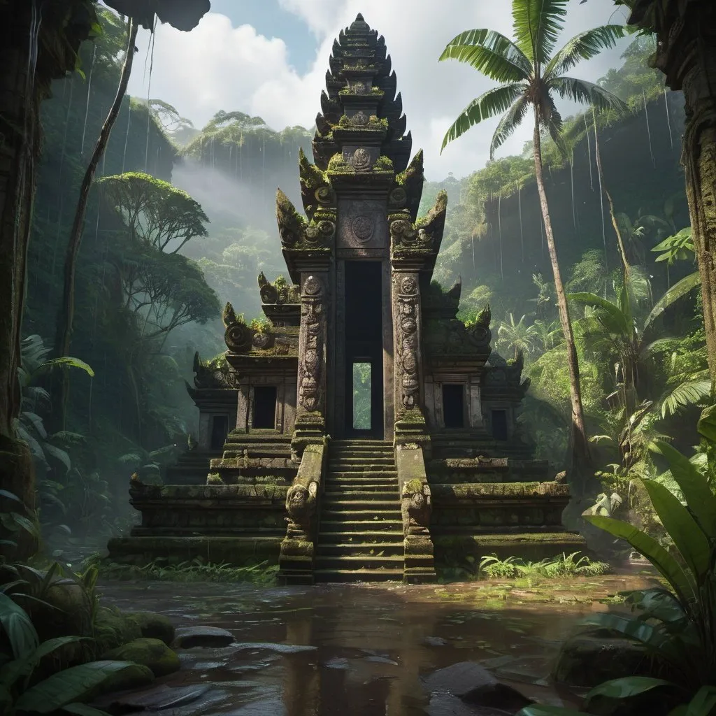 Prompt: Bali temple in a jungle valley, Uncharted, rain forest, cinematic lighting, highly detailed, digital painting, artstation smooth, sharp focus, art style Adventure Magazine