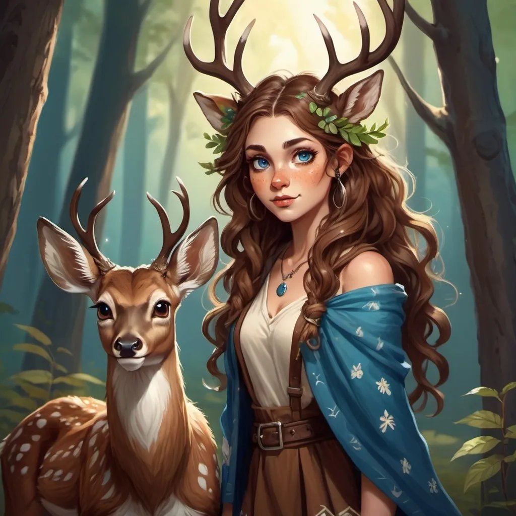 Prompt: Female deer satyr druid, with white spotted light brown hooved haunches and a small deer tail, long wavy chestnut brown hair, blue eyes, wearing clothes with an enchanted forest vibe , fantasy character art, illustration, dnd, warm tone