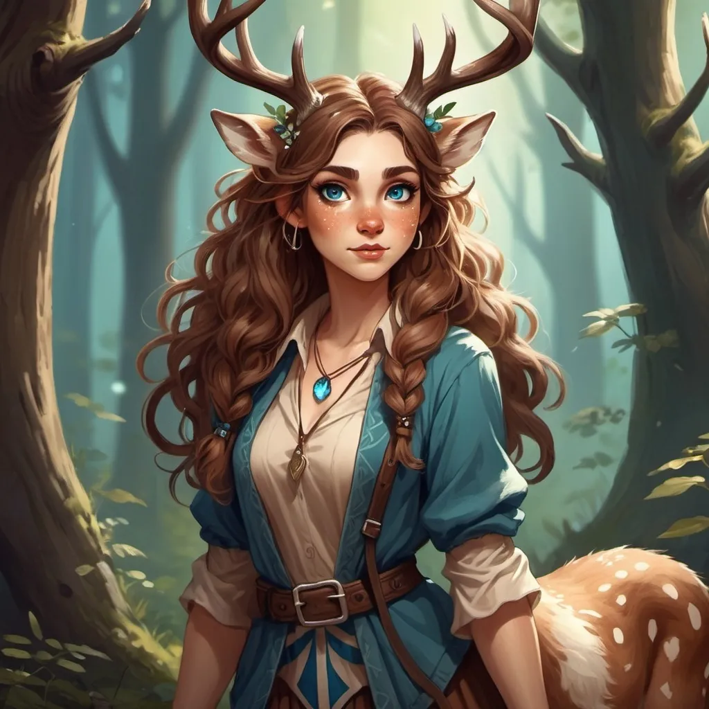 Prompt: Female deer satyr druid, with white spotted light brown hooved haunches and a small deer tail, long wavy chestnut brown hair, blue eyes, wearing clothes with an enchanted forest vibe , fantasy character art, illustration, dnd, warm tone