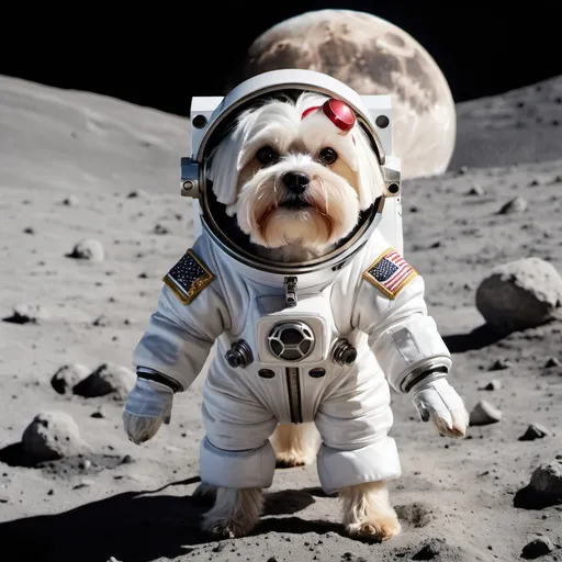 Prompt: A MALTESE dog dressed as an astronaut is standing on the moon alongside the moon lander.  