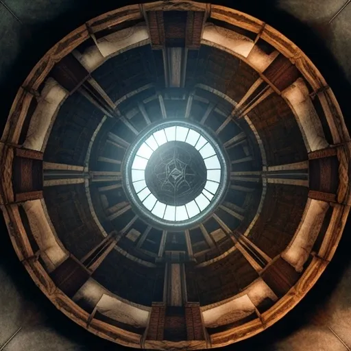 Prompt: A circular arena with a large inner chamber and a surrounding hallway that has barred windows seeing into the arena. A large scientific and magical symbol is in the center of the arena